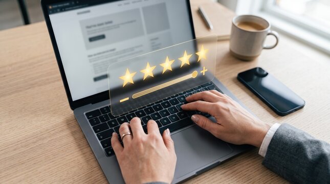 Person typing on laptop keyboard with five star rating overlay, online customer review and feedback concept, quality service evaluation and satisfaction score on desk
