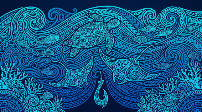 Polynesian Tribal Ocean Life Illustration with Turtle and Rays