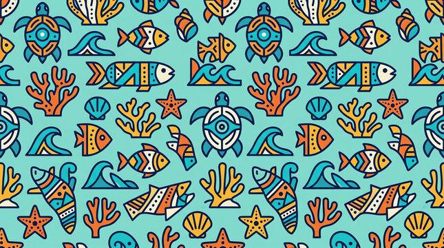 Ethnic Sea Life Pattern Turtles Fish Coral Waves Shells