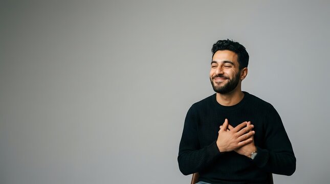 Smiling man holding hands on chest, expressing gratitude and heartfelt emotion, ideal for wellness, mental health and appreciation campaigns.