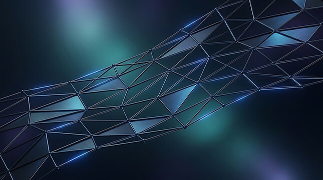 Abstract metallic mesh structure featuring glowing blue lights and geometric triangular shapes