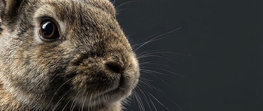 Closeup of a brown rabbit's face showing detailed fur texture, whiskers, and alert eye against dark background for wildlife and animal content.