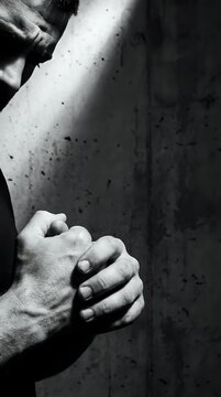 Close-up of male hands with freckles gripping arm against textured wall, conveying tension, conflict or emotional distress. Monochrome.