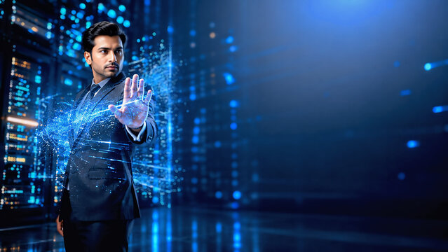 South Asian Cybersecurity Executive Interacting with Futuristic AI Firewall in Enterprise Data Center with Large Copy Space
