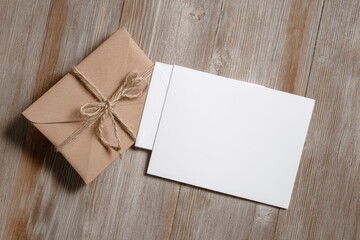 Fototapeta premium Blank card & envelope on wood