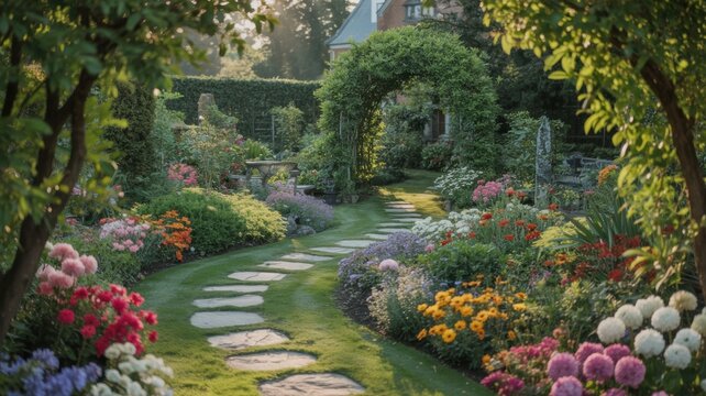 Colorful English Garden with Stone Path Archway Flowers House Sunlight Green