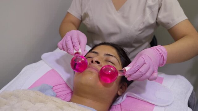Esthetician performing cryotherapy ice globes facial massage