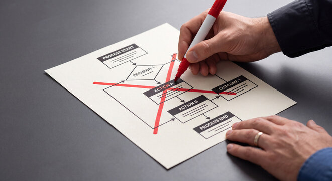Hand using red marker to cross out flowchart diagram on paper document.