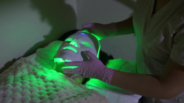 Woman receiving led light therapy facial mask treatment