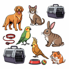 Collection of Cute Cartoon Pets and Accessories
