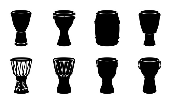 70 African Drums Collection, Percussion Instruments Set, Djembe and Conga Silhouettes, Musical Elements for Rhythm and Sound 100
