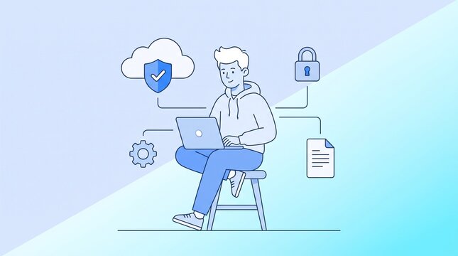 Man working on laptop with security icons