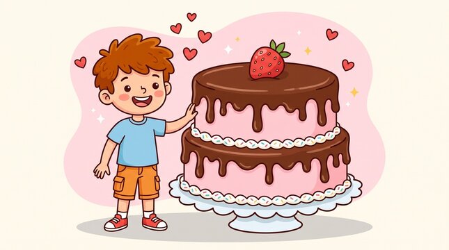 Happy boy pointing at chocolate cake with strawberry