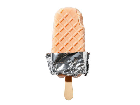 Delicious ice pop wrapped in a decorative paper and tied with a ribbon on a wooden stick