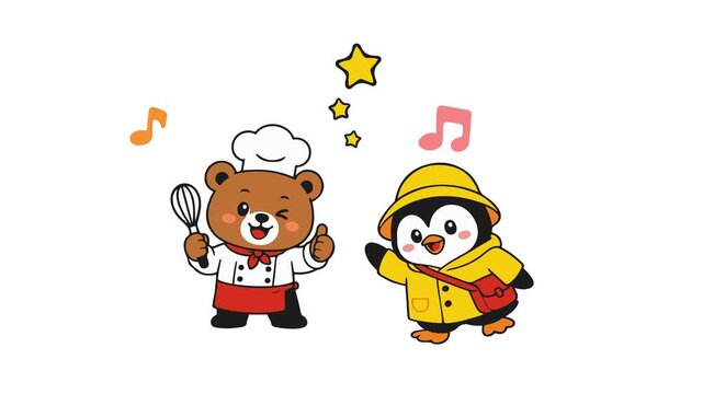 Cartoon bear chef and penguin dancing with music notes. 4K Video