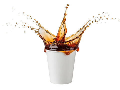 A refreshing splash of liquid from a white cup against a plain background