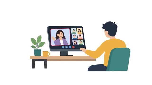 Man participating in a virtual video conference meeting. 4K Video