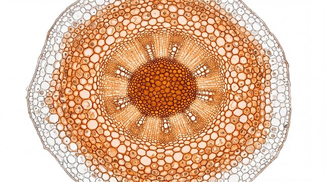 Microscopic view of circular plant stem cross section with section visible cells magnification microscope laboratory background scientific biological education structure with xylem