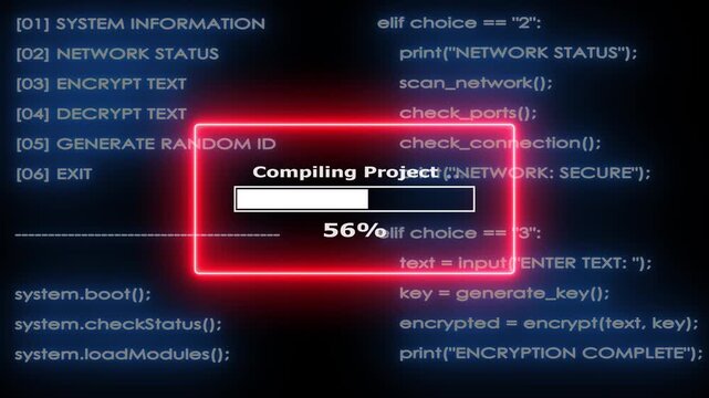 Compilation progress bar on cyber security terminal showing coding script data.