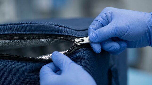 Close-up of a courier zipping shut an insulated specimen transport bag.