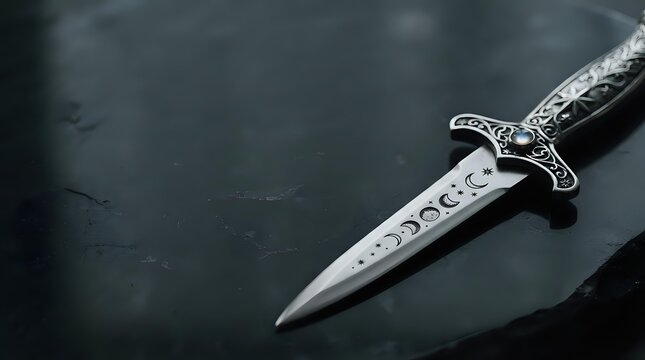 Ornate silver dagger with decorative handle and sharp blade resting on dark textured surface, suitable for fantasy, historical, or theatrical design projects.