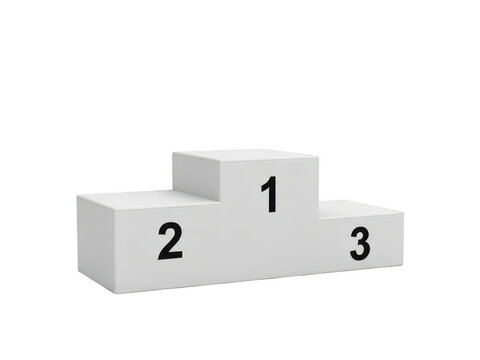 Three grey podiums with numbered placards for a competitive event.