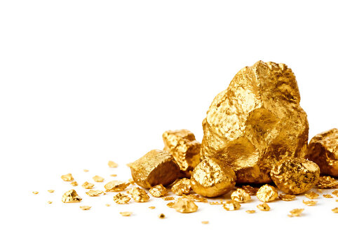 Premium golden treasure composition featuring refined gold nuggets, delicate metallic fragments, and subtle sparkling accents on a pure white background, minimalist commercial design