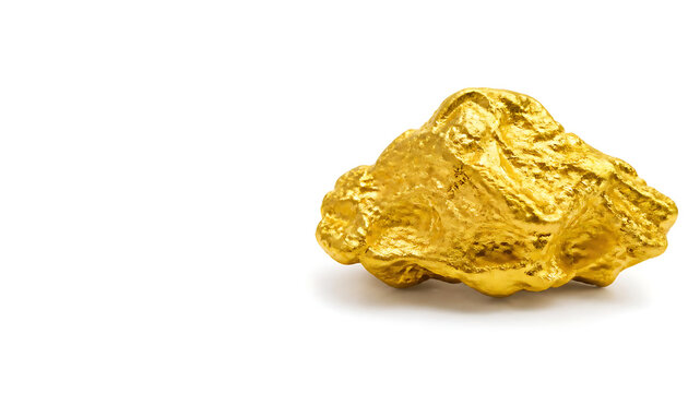 Single magnificent raw gold nugget with shimmering metallic texture placed asymmetrically on a seamless white background, large empty advertising space, luxury wealth concept