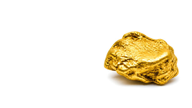 Single magnificent raw gold nugget with shimmering metallic texture placed asymmetrically on a seamless white background, large empty advertising space, luxury wealth concept