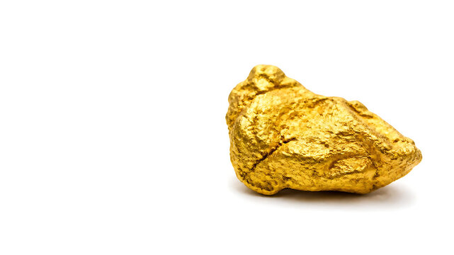 Single magnificent raw gold nugget with shimmering metallic texture placed asymmetrically on a seamless white background, large empty advertising space, luxury wealth concept