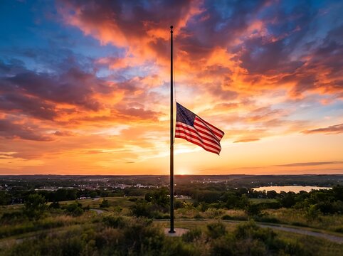 American flag flying at half mast against a dramatic colorful sunset sky over a landscape view
