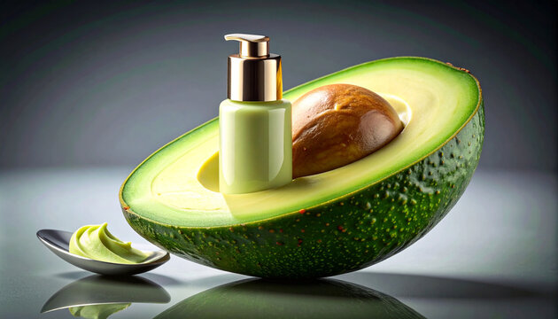 Avocado-based skincare product in a pump bottle, displayed with a fresh halved avocado and a spoon of cream.