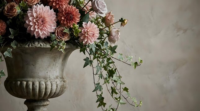 Dusty rose and mauve dahlias with trailing ivy in a weathered stone urn against neutral textured wall, botanical arrangement for home decor and floral styling.