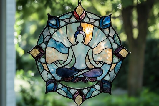 Stained glass suncatcher featuring meditating figure in lotus mandala design, ideal for yoga studio decor, wellness branding, and spiritual home accents.