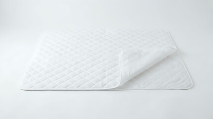 Fototapeta premium White quilted mattress pad with corner fold displayed on neutral background, suitable for bedding product photography, e-commerce, and home textile marketing.