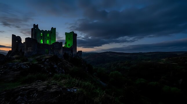 Illuminated medieval castle ruins on hilltop at dusk with green lighting, dramatic stormy sky, and forested valley landscape below for architectural and travel photography.
