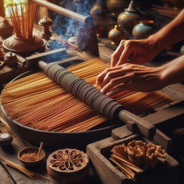 Conceptual image of a Thai incense maker rolling fragrant sticks