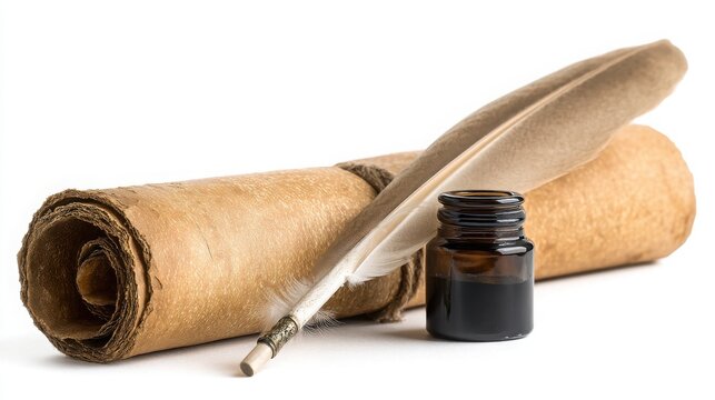 Vintage Quill Pen with Ink Bottle and Old Scroll Scrolls