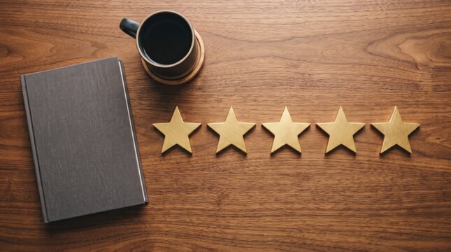 Five gold stars arranged in a row on wooden table, customer satisfaction rating, excellence quality review, feedback score, top grade service, luxury standard, success achievement