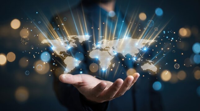 Digital world map on hand, technology, global connection, internet network, communication, data transfer, business innovation, future tech, virtual reality, augmented reality