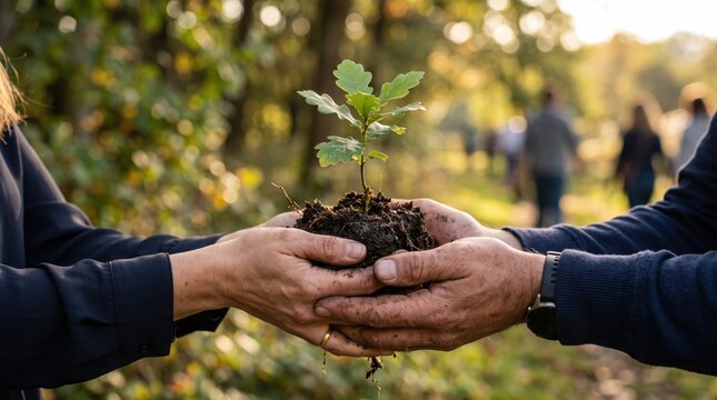 Two people holding hands together with young oak sapling plant growing in soil, symbolizing environmental conservation, teamwork and sustainable future growth.