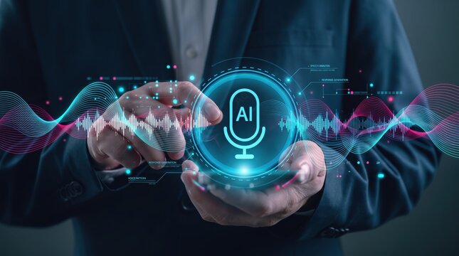 Artificial intelligence AI voice recognition technology concept, man holding microphone icon with sound waves, speech analysis and audio processing system.