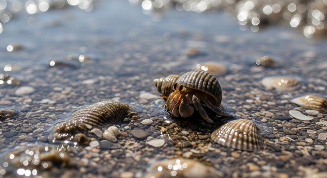 Hermit Crab Scuttles Across Rocky Shoreline with Seashells.
