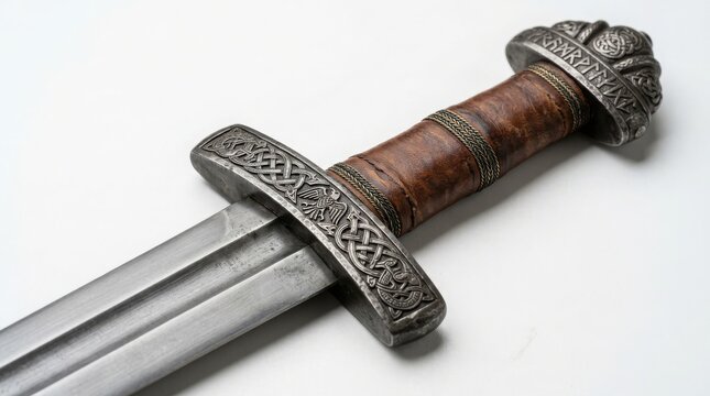 Close up of a medieval sword with a leather wrapped handle, intricate metal crossguard, and a pommel with engraved runic symbols on white