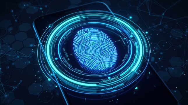 Futuristic biometric fingerprint scanner interface with glowing blue neon lights, access granted security system, digital identity verification technology for cyber protection