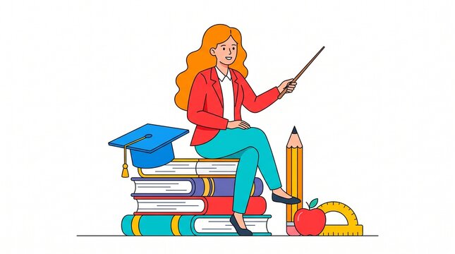 Teacher sitting on colorful books with graduation cap