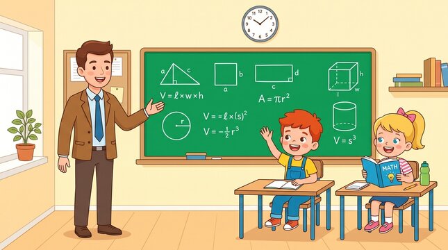 Teacher explaining geometry to happy kids in classroom