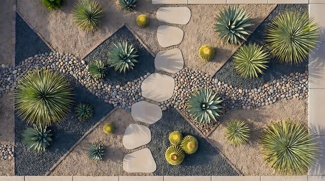 An aerial view of a modern desert landscaping design showcasing a stylish arizona front yard with sculptural agave plants and decorative stone path