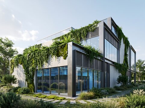 Sustainable modern office building facade covered in vertical vegetation with architecture sustainable building biophilic environment structure