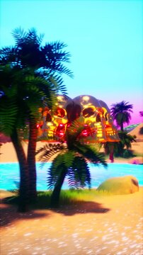 Surreal 3D Render of Glowing Golden Skulls in Tropical Oasis